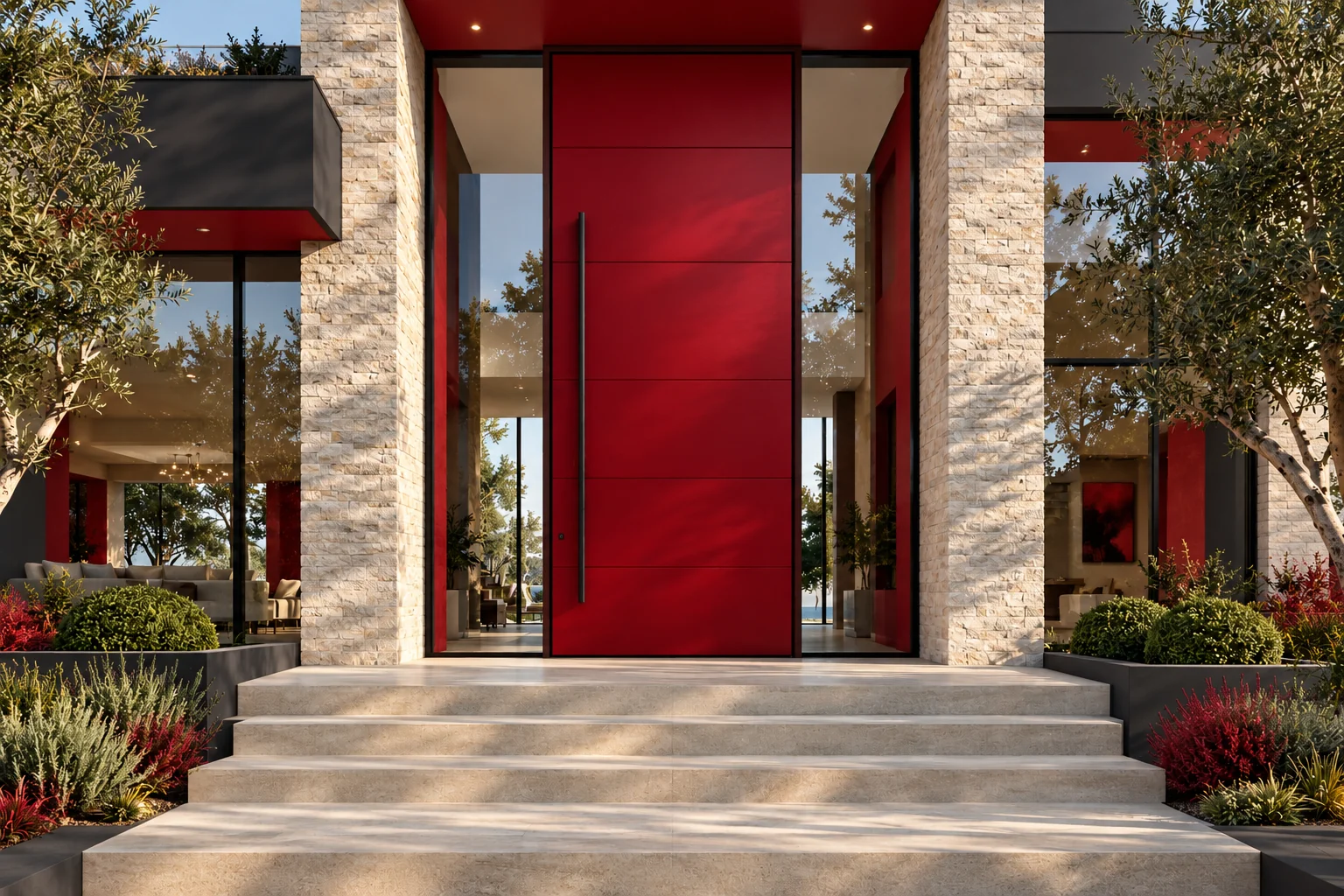 Modern home with a large central red door and black finishes